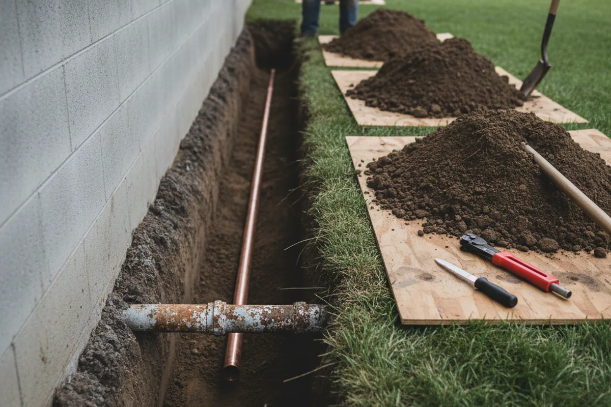 Excavated water line trench during Water Softener Installation in Etters